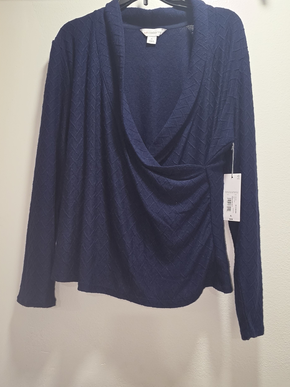 Liz Claiborne Navy Draped Surplice Long Sleeve Top